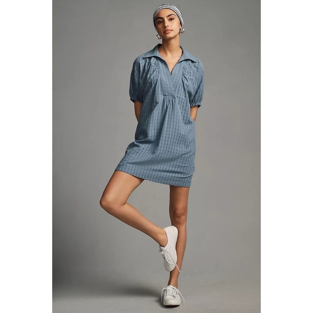 Anthropologie V-Neck Tiered-Sleeve‎ Tunic Dress in Light Blue